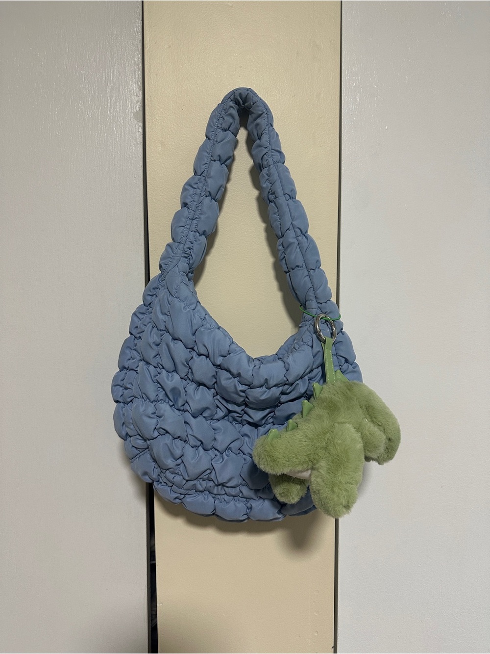 COS Light Blue Quilted Puffer Shoulder Bag mini size with plush charm